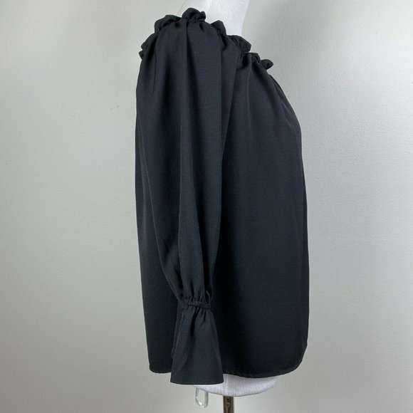 Lulus Top S Off The Shoulder Black Ruffle 3/4‎ Sleeve Solid Dressy Blouse - Picture 5 of 10